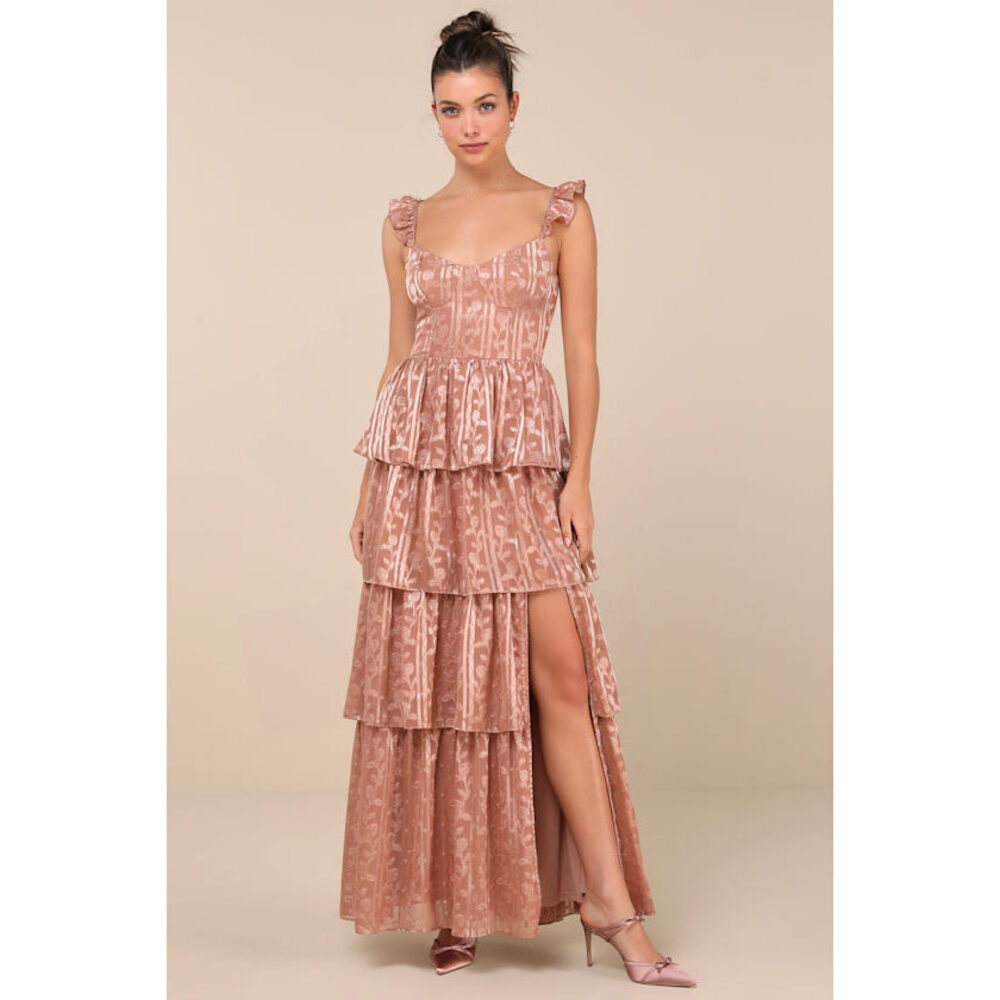 Lulus Stunning Glory Dusty Pink Floral Jacquard Tiered Maxi Dress - Size XS